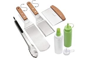 ANMARKO Metal Spatula Set Stainless Steel and Scraper - Professional Chef Griddle Spatulas Set of 6 - Heavy Duty Accessories Great for Cast Iron BBQ Flat Top Grill Skillet Pan