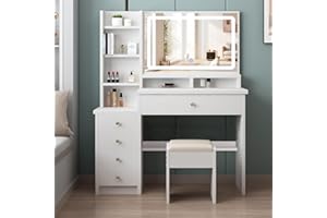 SAALU Schminktisch mit LED-Beleuchtung Spiegel,einstellbare Helligkeit, Schminktisch mit Stuhl, Frisiertisch mit 5 Schubladen und 4 Ablagen, Modern Kosmetiktisch aus Holz, Weiß (Y154)