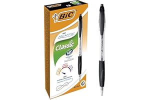 BIC Atlantis Classic Stylos-Bille Rétractables Pointe Moyenne (1,0 mm) - Noir, Boîte de 12