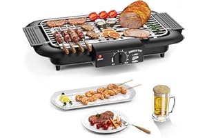 Mihoho Electric BBQ Grill, Smokeless Non-Stick Indoor/Outdoor Barbecue, 2000W Double tube High Power Portable Removable Stand Grill for BBQ Party (Black A)