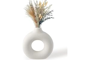 BASVII Donut Vase, Beige Keramik Vase, Matte Textur, Runde Moderne Pampasgras Vasen Deko Mit Stabiler Basis, Geeignet FüR Schlafzimmer, Fensterbank, Wohnzimmer, Deko Badezimmer Modern, Geschenk
