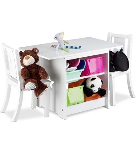 Ensemble Enfant Relaxdays - Table + 2 Chaises Beige/Blanc - MDF, Rangements Intégrés - Pour Jeu Et Repas