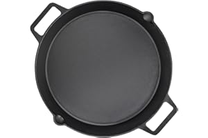 Denmay Poêle à griller universelle en fonte Ø 40 cm, grande poêle ronde en fonte avec deux poignées et deux becs verseurs, poêle à frire multifonctionnelle