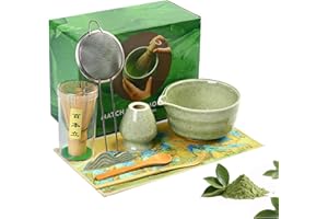 ATLIBERSWO Set Matcha – Matcha Set a 8 Pezzi per la Cerimonia del Tè: Ciotola con Beccuccio, Frusta Matcha in Bambù con Supporto, Chashaku, Supporto per Chashaku, Cucchiaio in legno, Chakin, Setaccio per Matcha