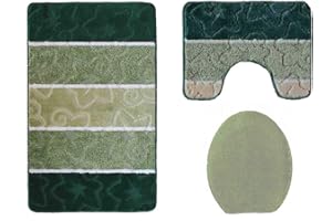 ILKADIM Orion Badgarnitur 3 TLG. Set 50x80 cm Mehrfarbig gestreift, WC Vorleger mit Ausschnitt für Stand-WC (grün dunkelgrün)