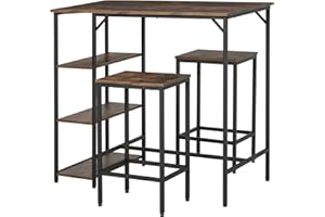 HOMCOM Industrial Bar Height Dining Table Set With 2 Stools & Side Shelf, 3 Pieces Coffee Table for Dining Room, Kitchen, Dinette