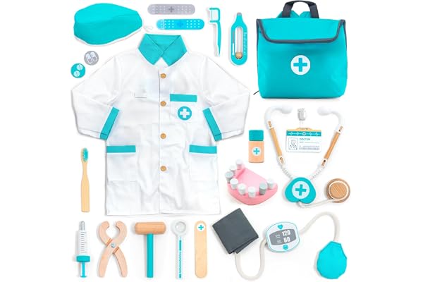 UMU® Malette Docteur Enfant en Bois – Kit Médecin 20 Pièces avec Stéthoscope, Accessoires de Dentiste, Blouse, Seringue et Plus, Jouet Docteur pour Enfants dès 3 4 5 6 Ans, Jeu d’Imitation Éducatif