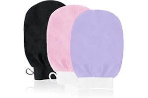 URAQT Guante Exfoliante Corporal, 3pcs Manoplas Exfoliantes, Guante Crin Ducha Unisex, guantes de ducha, Exfoliante Ducha en Belleza, accesorios de baño para Limpiar Euerpo, color negro, rosa, morado