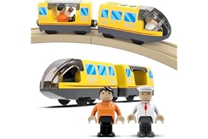 DxxD Trenino Elettrico per Bambini, Trenino Legno Giocattolo, Treno Intercity con Figure per Ferrovia, Locomotiva ad Azione a Batteria, Auto Giocattolo Compatibile con Thomas, Brio Età 3+ Anni, Giallo