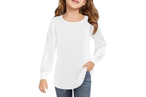 Haloumoning Camiseta de manga larga para niña, cuello redondo, manga abultada, camiseta para niños, monocolor, linda, para ocio, moda básica, 5-14 años