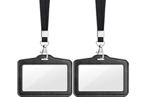 Teskyer 2 Pezzi Porta Badge da Collo - Bifacciale Trasparente, Pelle Sintetica, Doppio Slot per Carte, Orizzontale, per Lavoro, Affari, Autobus, Pass, Nero