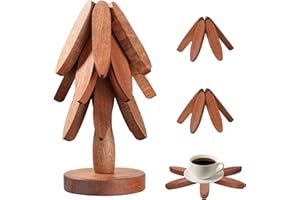 Christmas Tree Wooden Trivets and Coasters Set, Natural Wood Heat Resistant Pads for Hot Pots and Dishes, Kitchen and Table Decoration,3 Wooden Trivets + 1 Stand Stored Set,Eolax (Sapele)