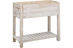 Outsunny Jardinière sur Pieds carré Potager avec étagère dim. 80L x 40l x 78H cm 4 Compartiments Bois Sapin Blanc Effet Vieilli