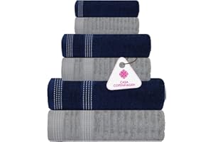 Casa Copenhagen Elegance Juego de Toallas 6 Piezas, Azul Marino + Gris, 550 g/m² 2 Toallas de baño, 2 Toallas de Mano, 2 paños de Suave algodón Egipcio para baño, Cocina y Ducha
