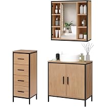 EUGAD Meuble Salle De Bain Mural Avec Miroir - Armoire Rangement 60x58x16cm 6 Compartiments Ouverts - Chêne Clair Et Noir