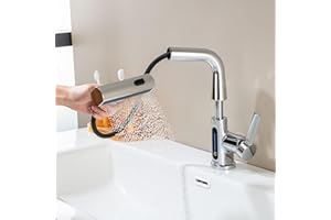 LakeBayMZC Rubinetto Bagno Lavabo Con LED Della Temperatura,Con Doccetta Estraibile a 3 Modalità,Miscelatore Lavabo Estraibile, Rubinetti Monocomando Bagno,Regolabile in altezza,Cromato