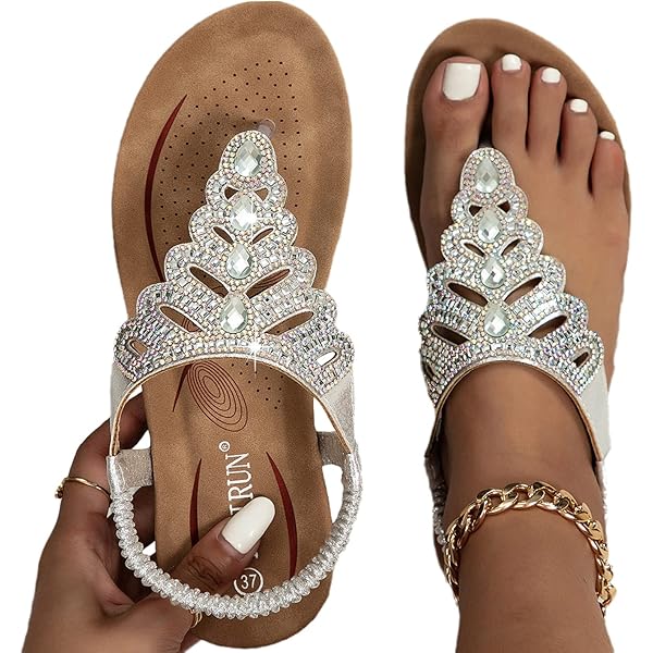 FRAUIT Sandali Gioiello Donna Eleganti Con Strass Bassi Etnici Infradito Slip On Ciabatte Per Spiaggia Mare Piscina - Foto 3
