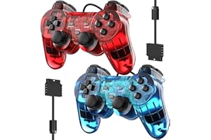 Degulan Wired Controller for PS-2 High Performance Double Shock Gamepad Joystick Remote Compatible with Play 2 (ClearRed and ClearBlue)