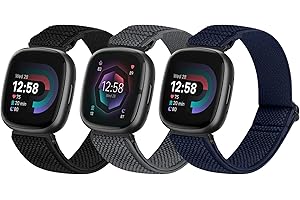 SHIJZWD 3 Packs Elastic Watch Strap Compatible with Fitbit Versa 4/Versa 3/Fitbit Sense 2/Fitbit Sense, Soft Breathable Nylon Sports Loop Band Stretchy Adjustable Replacement Wristband for Women Men
