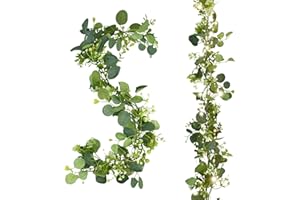 ELLECILA 2PCS 6Ft Artificial Eucalyptus Garland With Lights, Faux Greenery Vines with White Flowers and 60 LED Fairy String Lights, Garlands for Home Decoration Table Runner Hanging Decor