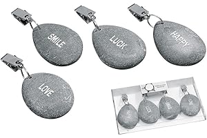 Boltze 4er Set Tischdeckenbeschwerer aus Naturstein - Mit Stahlclips, maximale Klemmkraft - Insgesamt ca. 240 g schwer - Happy, Luck, Love, Smile Aufdruck - Ideal für den gedeckten Tisch
