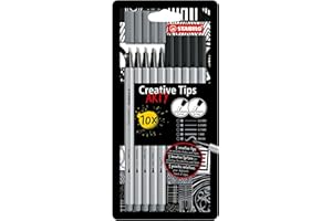 STABILO Creative Tips - Feutre dessin - Etui carton x 10 stylos de calligraphie à pointe assorties 0.2; 0.4; 0.7; 1 mm et brush - noir, gris