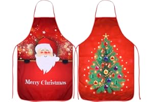 Qpout 2 Pack Christmas Aprons, Santa Christmas Tree Merry Christmas Dinner Party Kitchen Cooking Apron, for Women Men Mommy Wife Husband Xmas Party Favors Costume Supplies