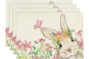 Artoid Mode Set di 4 tovagliette pasquali con fiori, foglie, coniglio, farfalle, decorazione per la tavola della cucina, decorazione per interni, vacanze, feste, 30 x 45 cm