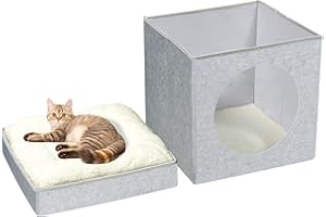 Bonlife Large Cat Beds for Indoor,Felt Pets Tent with Two Move Cushion,Warm Comfortable Semi Enclosed Foldable Cat Hideaway,Light Grey,45X45X50CM