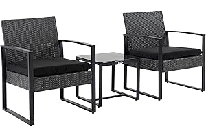 Outsunny Conjunto de Jardín Exterior de 3 Piezas Juego de 2 Sillas y Mesa de Ratán con Cojines Acolchados y Encimera de Vidrio para Balcón Terraza Gris y Negro