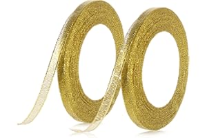 Thinp Lot de 2 rouleaux de ruban cadeau doré, en organza à paillettes, décoratif, ruban cadeau pour emballage cadeau, mariage, baptême, anniversaire, décoration de fête, bricolage