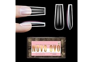 NOVO OVO Long Square Nail Tips NATURAL (Not SCULPTED) for Flat Nail Beds, Extra Thick L Length False Nails Press on, Full Cover Soft Gel Fake Nail Extension, Salon DIY x 15 Sizes 450 pcs
