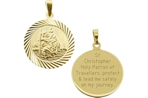 CHRISTOPHER JAMES OF LONDON CJoL - 9ct Yellow Gold Plated 20mm Round Diamond Cut St Christopher Medal Pendant With Travellers Prayer & Optional Chain In Gift Box
