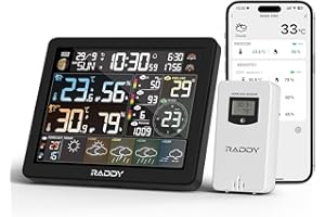 Raddy N80 Estación meteorológica inalámbrica con sensor exterior, inteligente Wi-Fi APP, 8'' Grande Pantalla, hora de salida/puesta del sol, PM2.5/AQI, índice UV, 4 despertadores