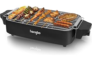 HENGBO Grill Electrique de Table Barbecue Electrique sur Pied Grille Viande en Acier Inoxydable Sans Fumé Utilisation en Intérieur, 260℃ Thermostat, 1800W - Noir
