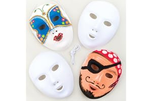 Baker Ross Flockade masker – masker av plast med speciell ytbeläggning för målning, design för barn (8 stycken), vit, 18 cm x