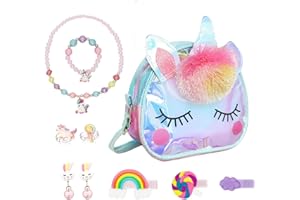 ICEBLUEOR Unicorn Gifts for Girls,Unicorn Crossbody Bag with Jewelry Sets,Necklace Bracelet Rings Earrings Hair Clips for Girls Age 3-8,Princess Dress up Accessories for Birthday Christmas Party Gifts
