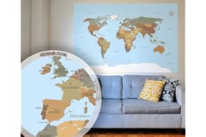 BilderKing Poster Weltkarte in blau als XXL Wand-Poster in Deutsch 140x100 groß - Perfekte Großformat Deko für die Wand als Atlas Map Geograpfie Weltkugel mit Kompass