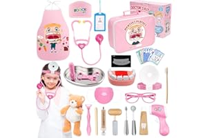 ESRIPTOYZ Arztkoffer für Kinder, Arztkoffer Kinder Holz Spielset mit Stethoskop, Arztkofferl Kinder Arzttasche Doktorkoffer Rot Arzt Set zum Rollenspiel Zahnarzt Spielzeug ab 3 Jahren (Pink)