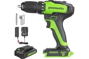 Greenworks - Kit de perceuse sans fil sans balais 24 V, 310 pouces/livres, embrayage 18+1 position, mandrin sans clé 1/2", vitesse variable, batterie 1,5 Ah avec