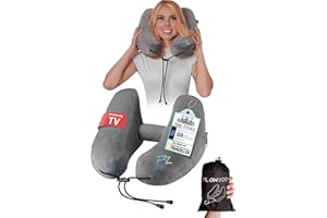 FLOWZOOM Air Inflatable Neck Support Travel Pillow for Airplane – H-Shape Neck Cushion with 5 Sleeping Positions, Quick Inflation, Adjustable Pressure, Detachable Hood, Soft Plush Cover – Size M, Grey