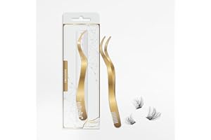 MIFANYO 2 in 1 Lash Tweezer with Comb, Eyelash Extension, Stainless Steel Elbow Tweezers, Precise Eyebrow Tweezers Tool, Lashes Tweezer Applicator for DIY Applying False Eyelashes Clusters, Gold