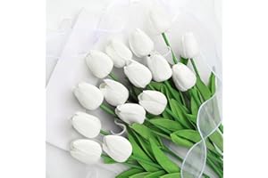 Kisflower 12Pcs Latex Artificial Tulips - Fake Tulips Artificial Flowers Faux White Tulips Real Touch Flower for Home Office Wedding Decoration（White）