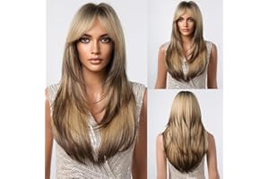 ‎TESTAR testar Blonde Braune Ombre PerÜCken FÜR Schwarze Frauen Lange Geschichtete Gerade Braune PerÜCke Mit Pony Farbe Perücke Hitzebeständige Synthetische PerÜCke FÜR Den Täglichen Partygebrauch