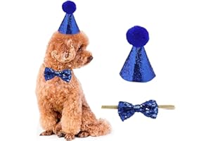 SYMPHONYW Sombrero de cumpleaños para Perro, Sombrero de cumpleaños para Mascotas, Sombrero de cumpleaños y Collar de Pajarita para Mascotas, Disfraces de cumpleaños para Sombreros (Azul)
