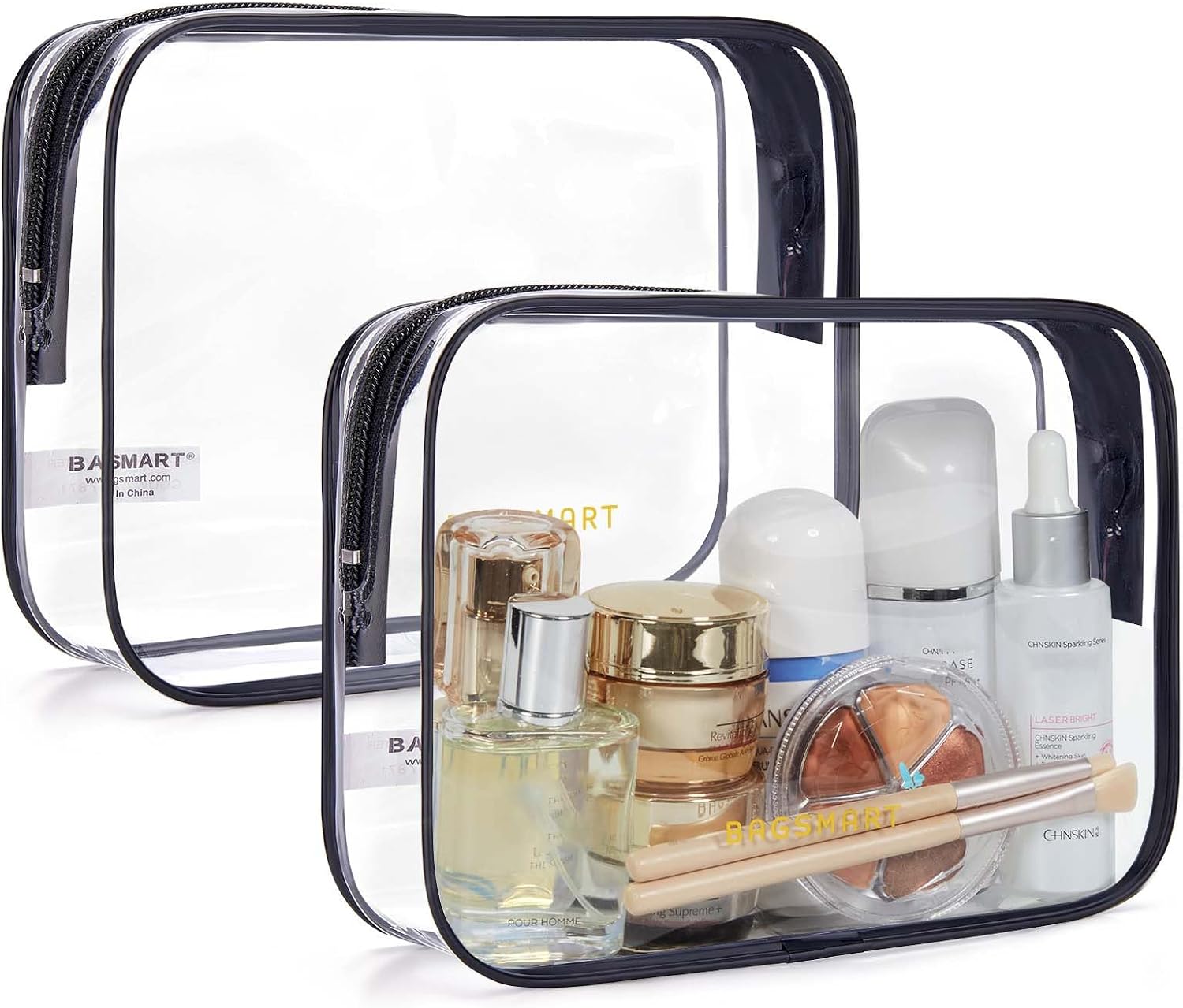 BAGSMART Clear Toiletry Bag, 2 Packs Waterproof Travel Makeup Cosmetic Organiser TSA Approved Airport Security Liquids Bags,Travel Essential for Toiletries, Black