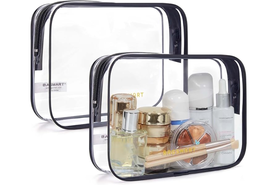 BAGSMART Clear Toiletry Bag, 2 Packs Waterproof Travel Makeup Cosmetic Organiser TSA Approved Airport Security Liquids Bags,Travel Essential for Toiletries, Black