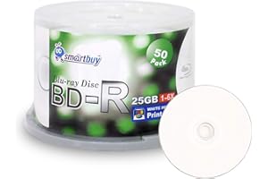 Smartbuy 50-disc 25gb 6x Bd-r BDR Blu-ray Single Layer White Inkjet Hub Printable Blank Data Recordable Media Disc with Cakebox/spindle Packing