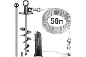 LIFESWELL Dog Tie Out Cable and Stake, 50ft Chew Proof Stainless Steel Cable, 15" Heavy Duty Dog Anchor for Dogs Up to 125lbs, No Tangle, Dog Runner for Yard and Camping