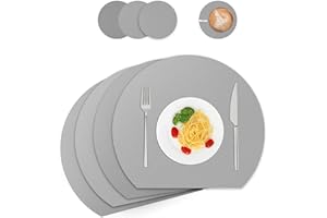 ‎WAKOSAN Tischsets und Untersetzer aus Leder, Platzdeckchen abwaschbar,Platzsets abwaschbar,Tischdeko,Tischset abwaschbar rund,Platz-Matten für Küche Speisetisch,4er-Set (Halbkreis, grau)